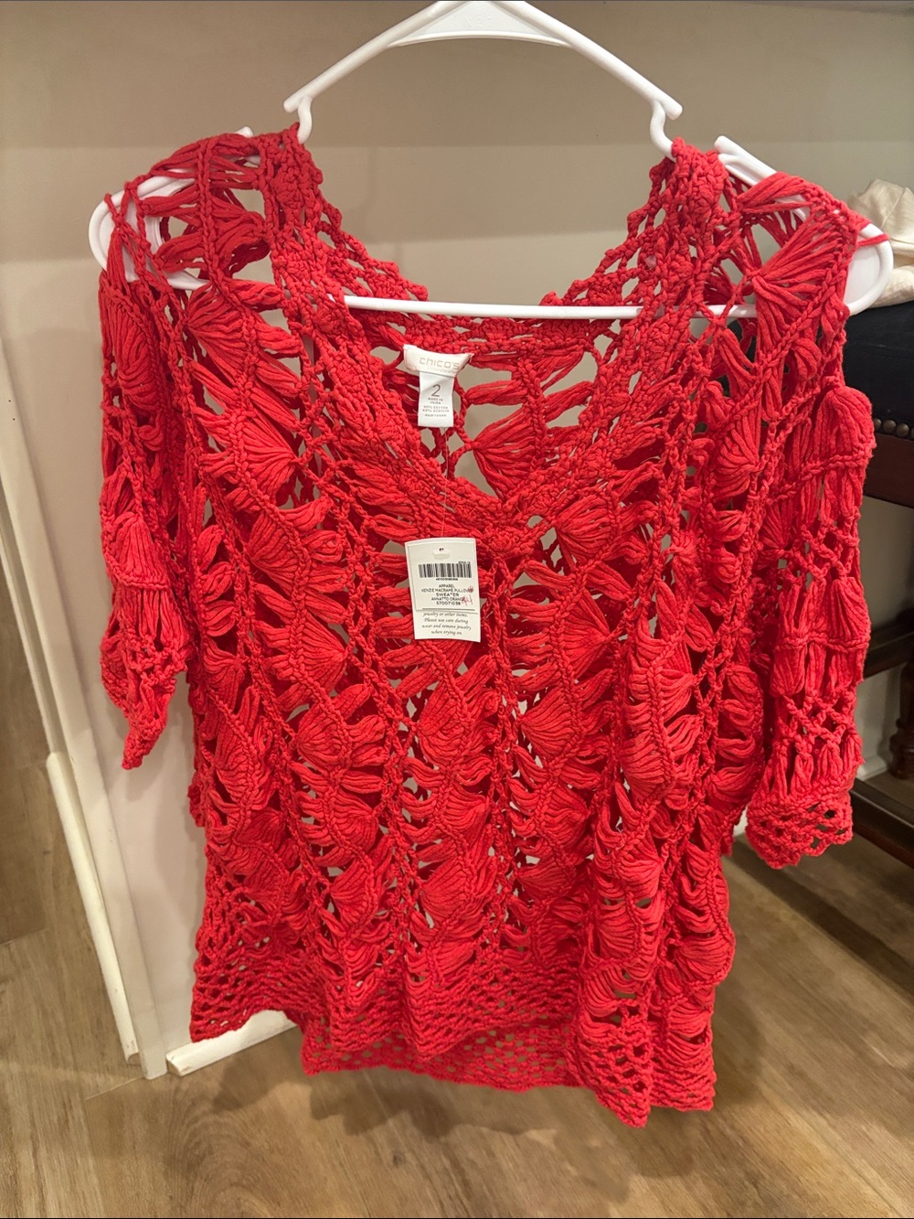 Chicos Crochet Open-Weave Red Knit Top